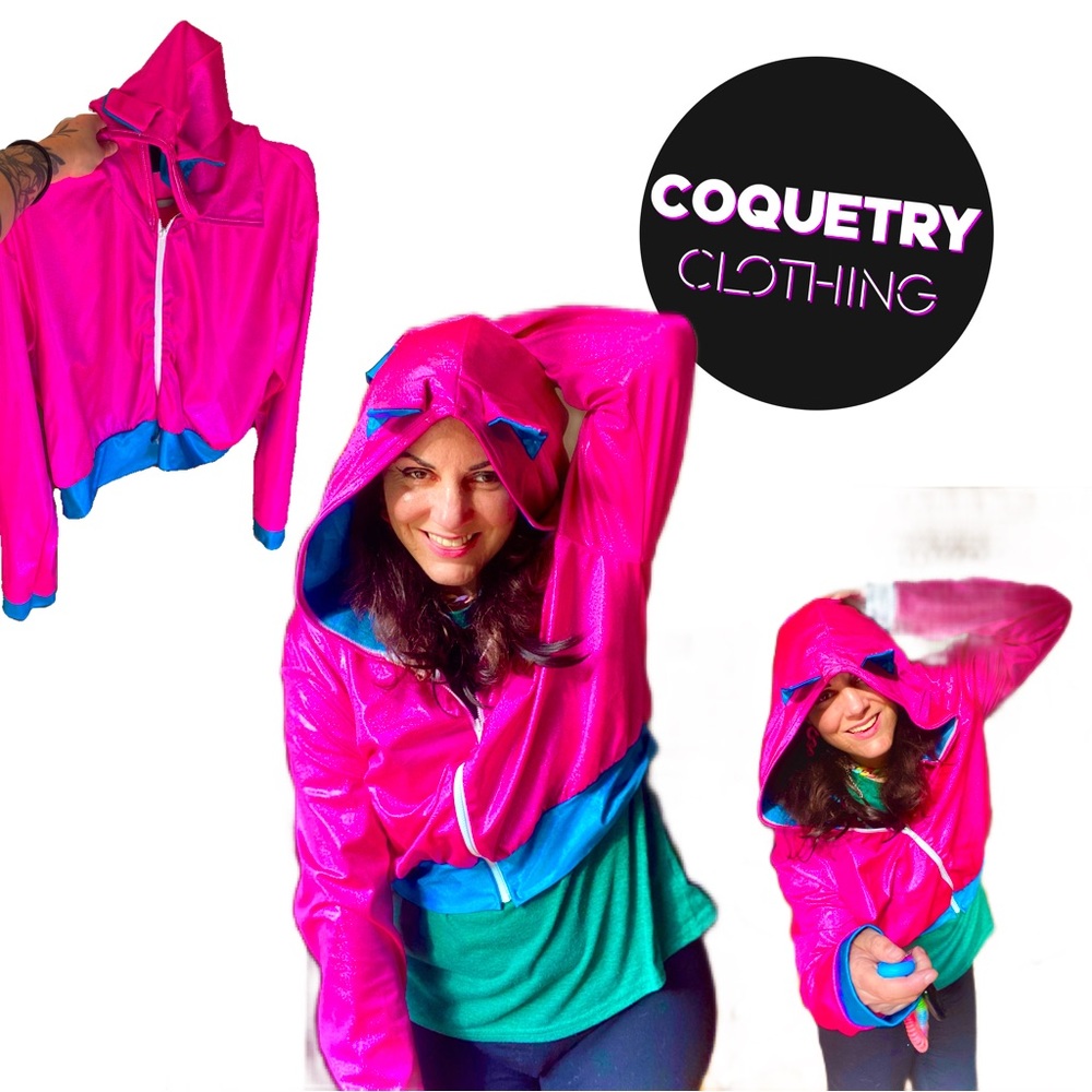 Coquetry Clothing Holographic Hot Pink & Teal Kimberly Bomber Jacket L $135